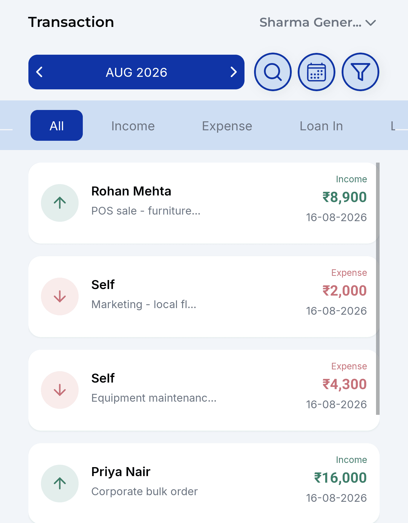 Transactions list in ManageU