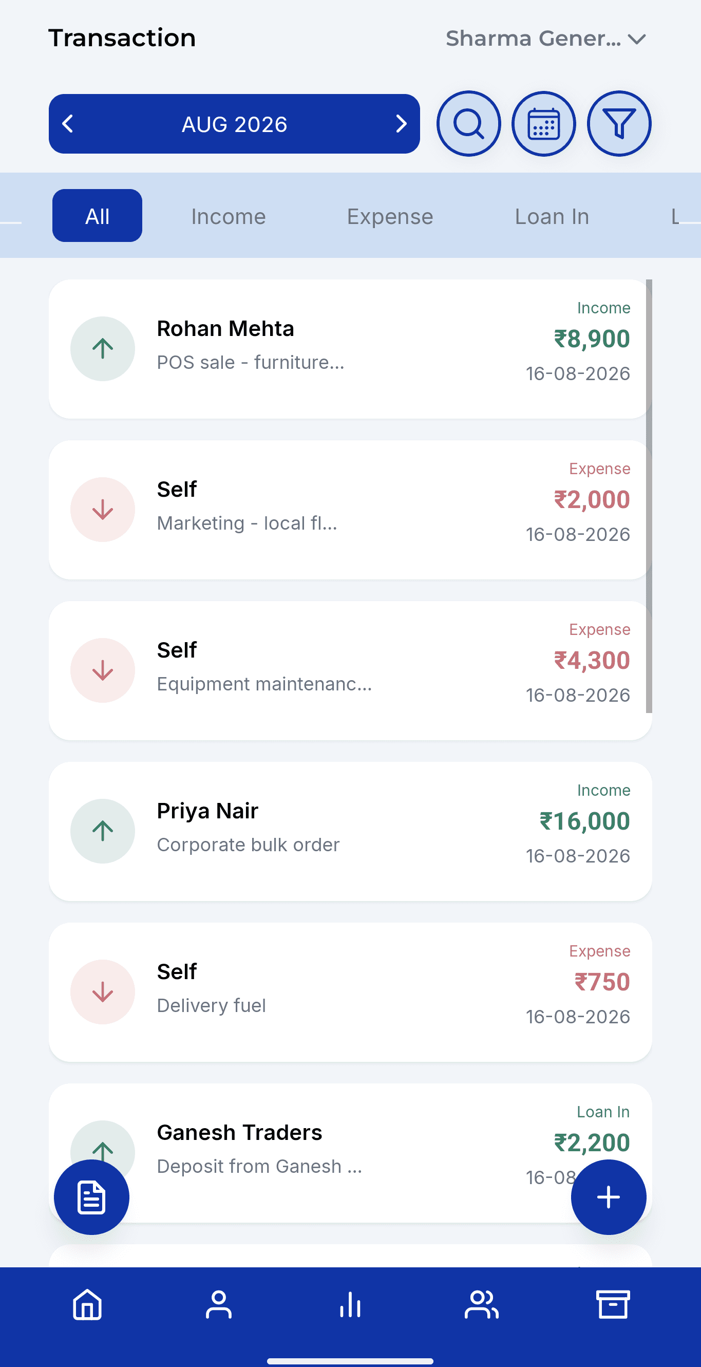 Transactions list in ManageU