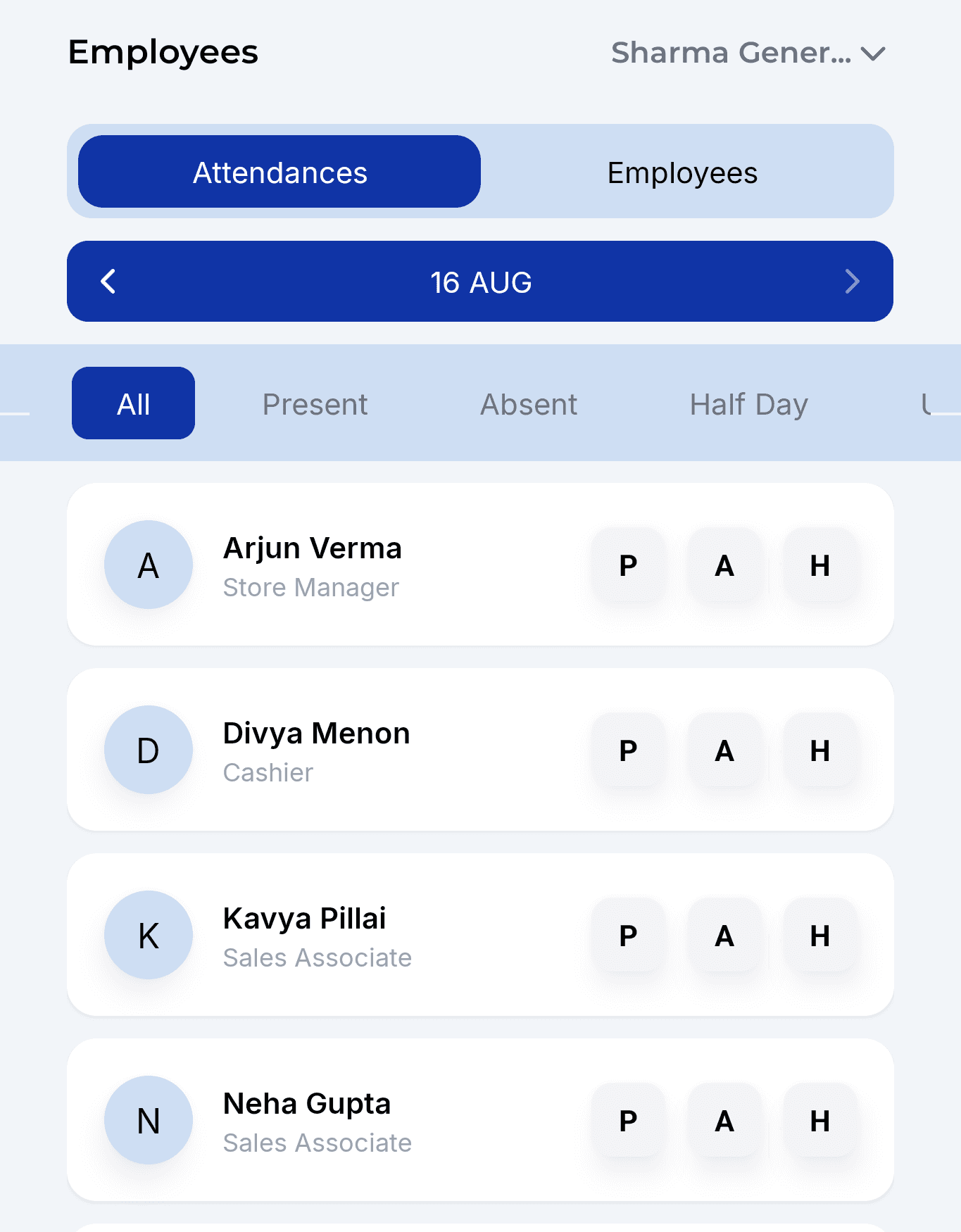 Attendance screen in ManageU