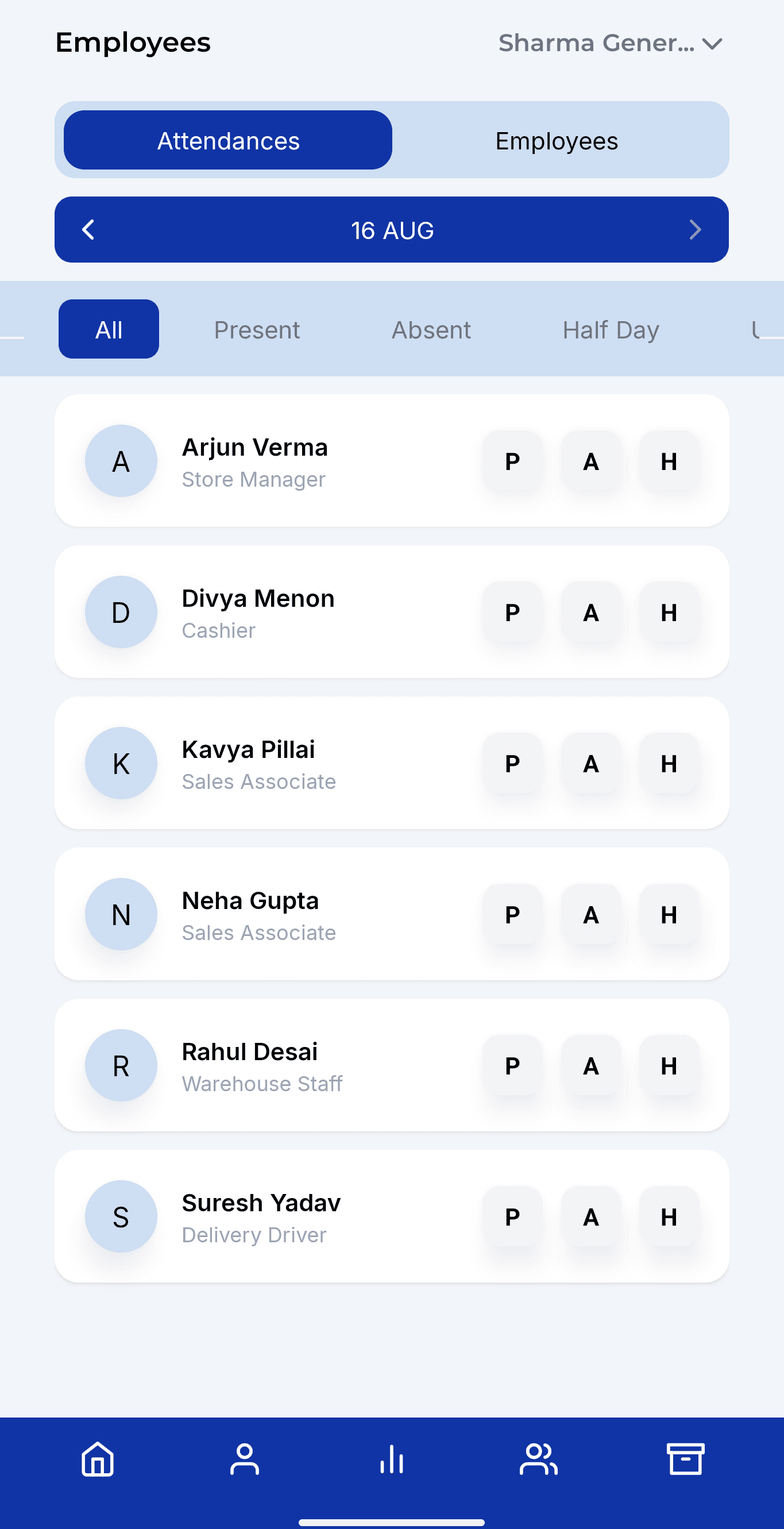 Attendance screen in ManageU