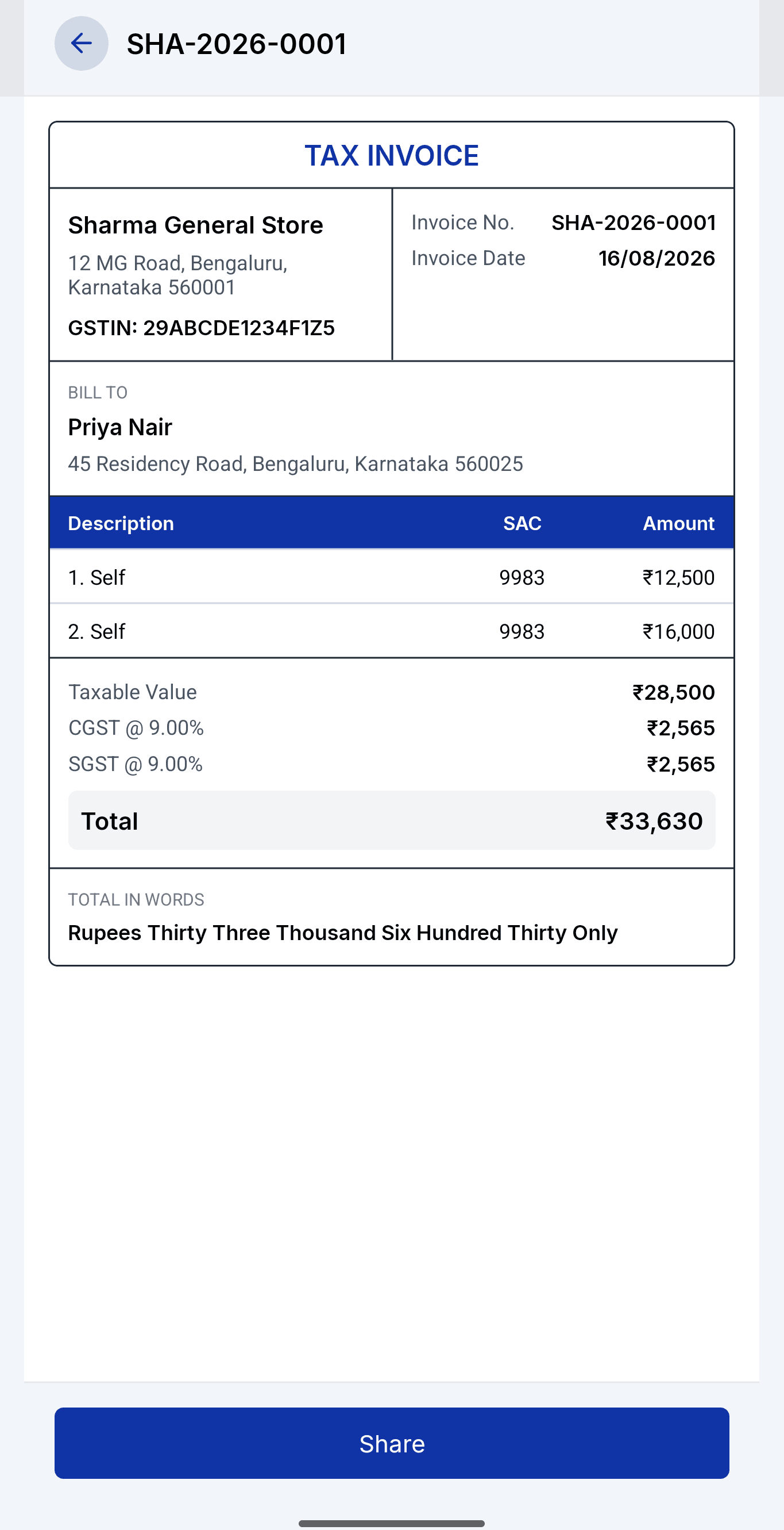 A GST-formatted invoice generated by ManageU